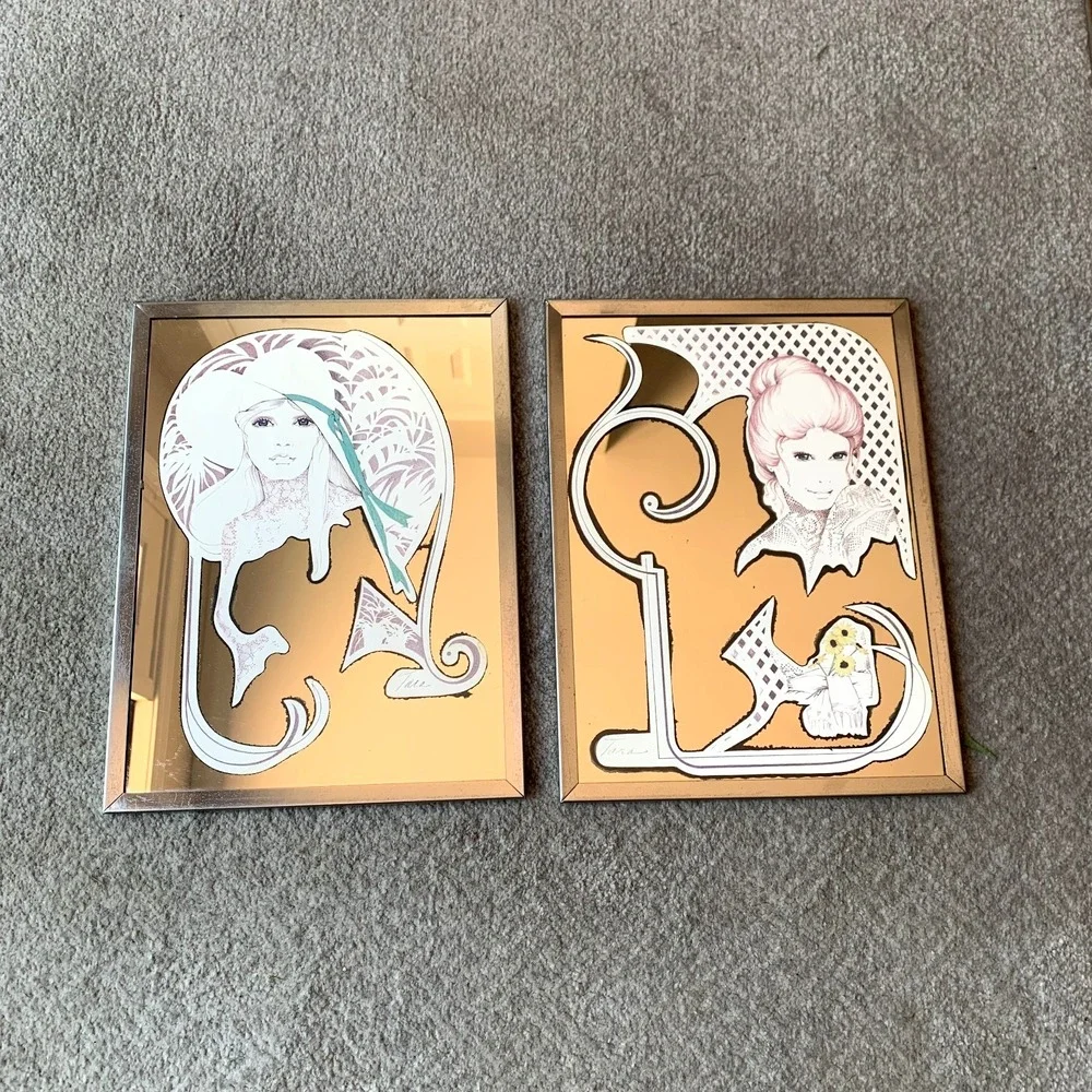 Vintage 1970 Signed William Tara MCM Mid Century Modern Mirror Wall Art Lot of 2